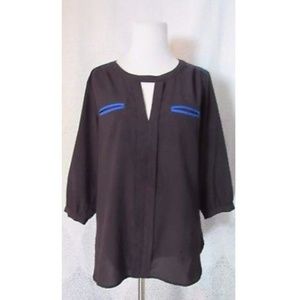 Black Blue Keyhole Career 3/4 Sleeve Blouse